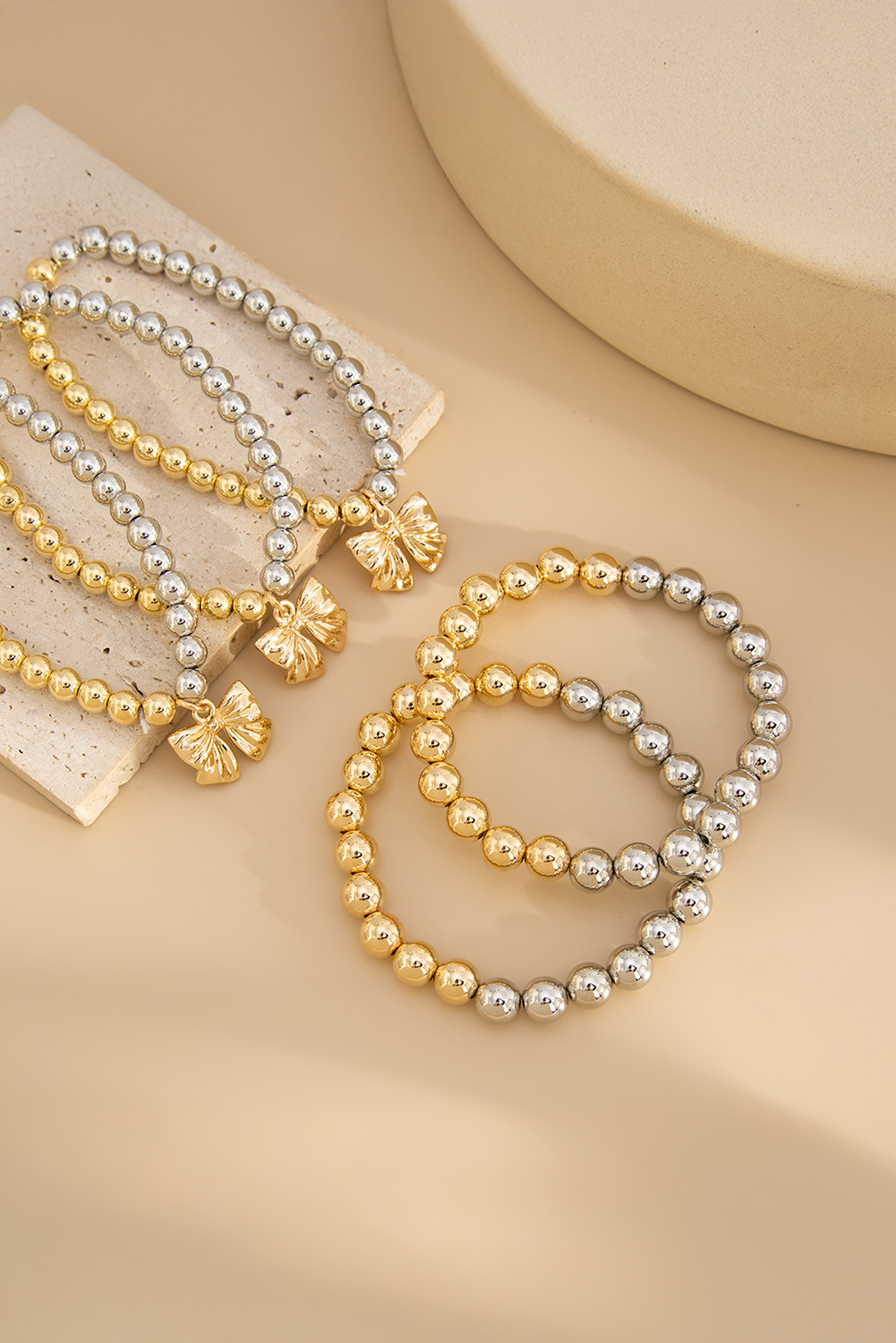 Bowknot Charm Color Block Beaded Bracelet Set
