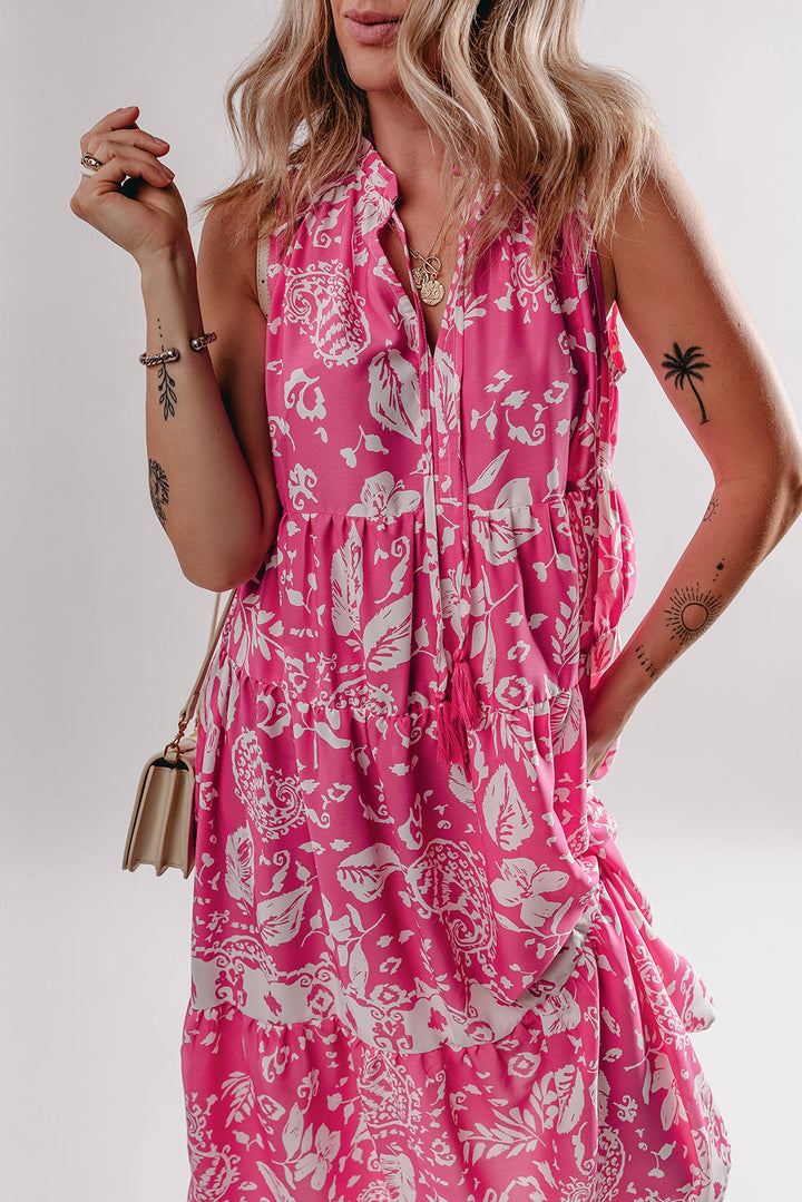 Floral Sleeveless Tasseled Lace-up Neck Tiered Midi Dress