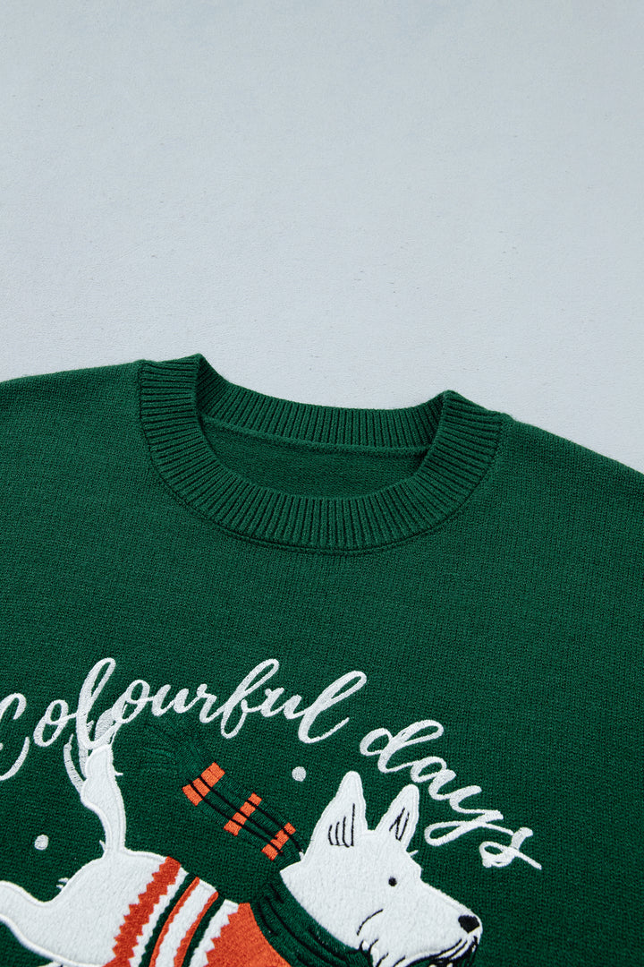 Blackish Green Abstract Dog Embroidery Christmas Fashion Round Neck Sweater