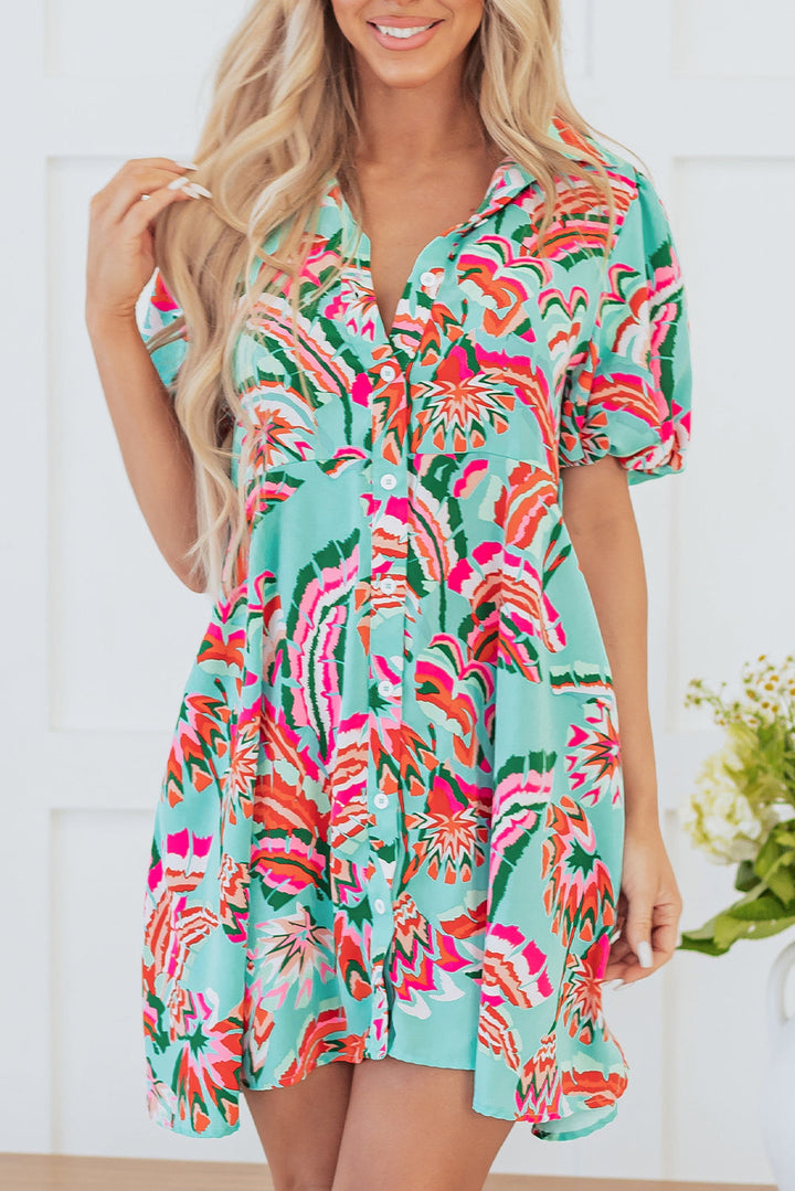 Abstract Print Lace-up High Waist Buttoned Mini Dress