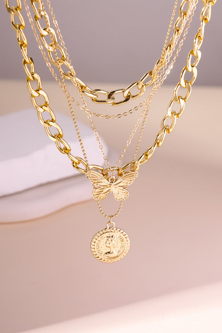 Plated Alloy Multilayer Butterfly Charm Necklace