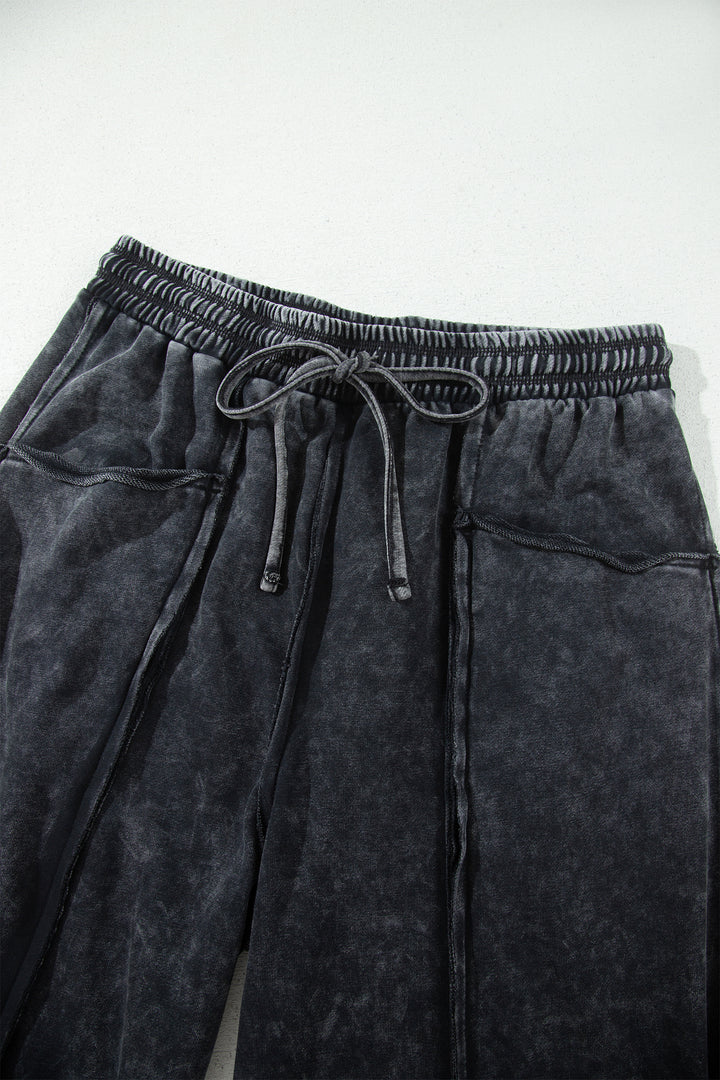Black Raw Seam Drawstring Elastic Waist Barrel Pants