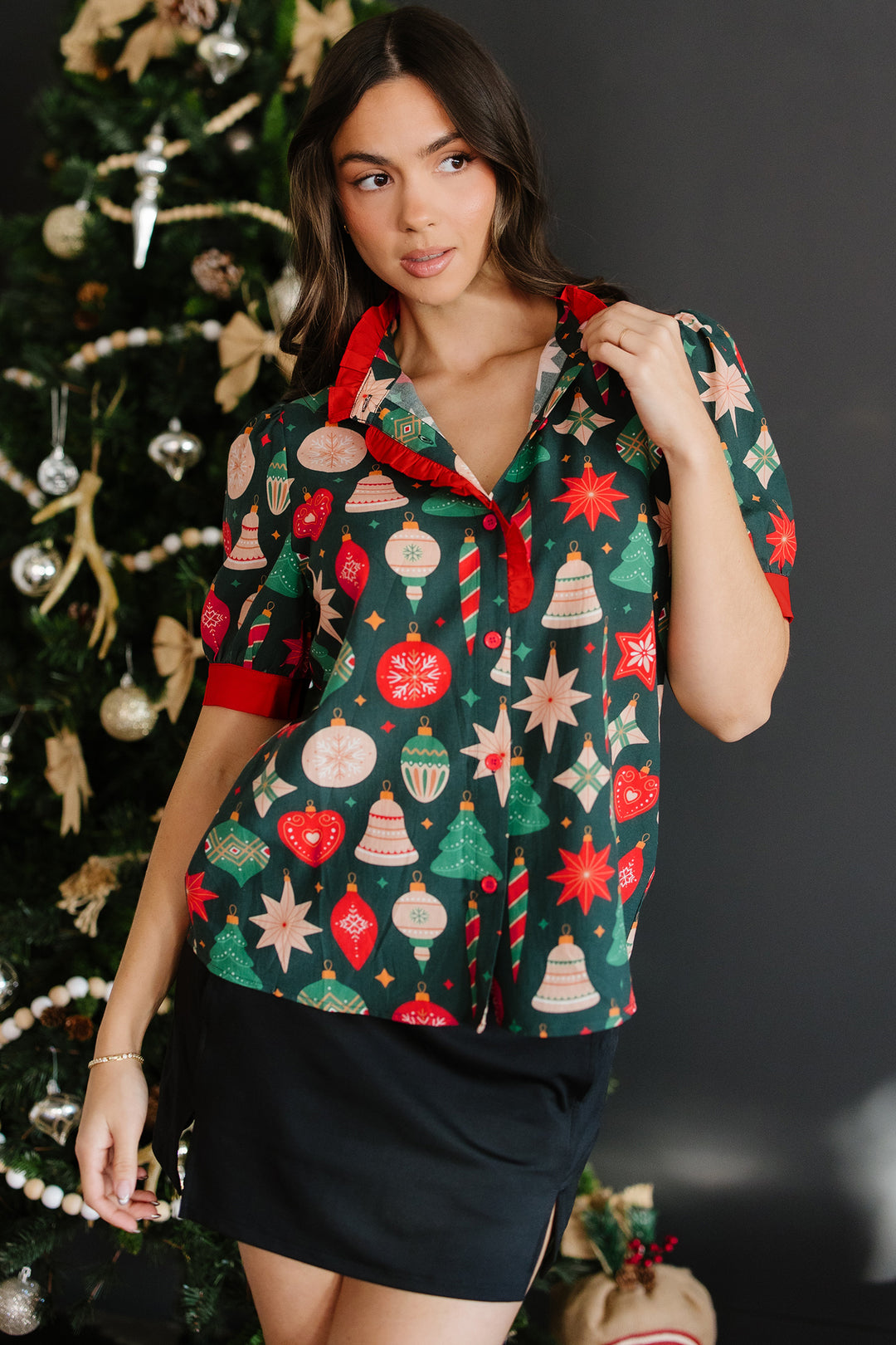 Christmas Fashion Print Contrast Trim Frilled Neck Short Sleeve Blouse