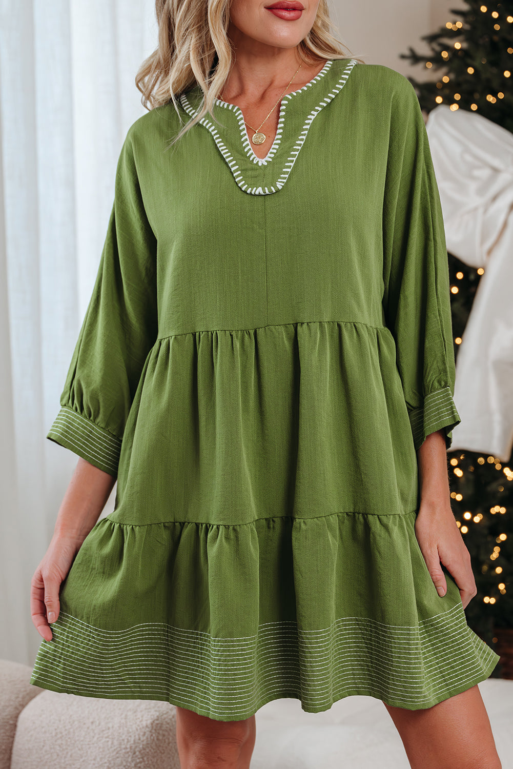 Contrast Stitched V Neck 3/4 Sleeve Tiered Mini Dress