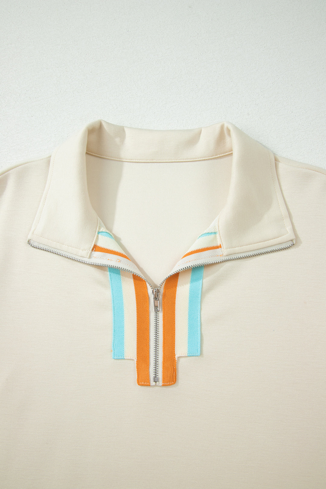 Apricot Colorful Striped Detail Half Zip Polo Tee Loose Shorts Set
