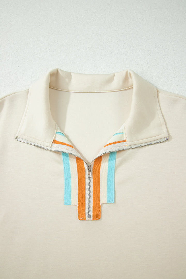Apricot Colorful Striped Detail Half Zip Polo Tee Loose Shorts Set