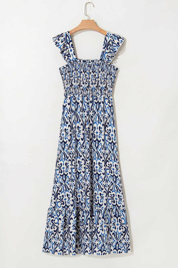 Boho Print Smocked High Waist Maxi Dress