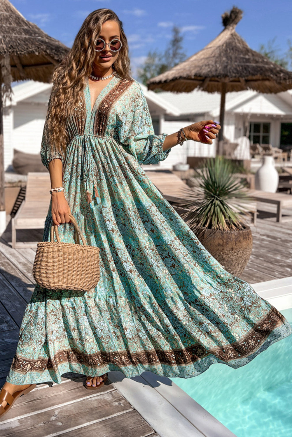 Green Boho Floral Print Lace-up Open Back Maxi Dress ModeShe Green Boho Floral Print Lace-up Open Back Maxi Dress ModeShe