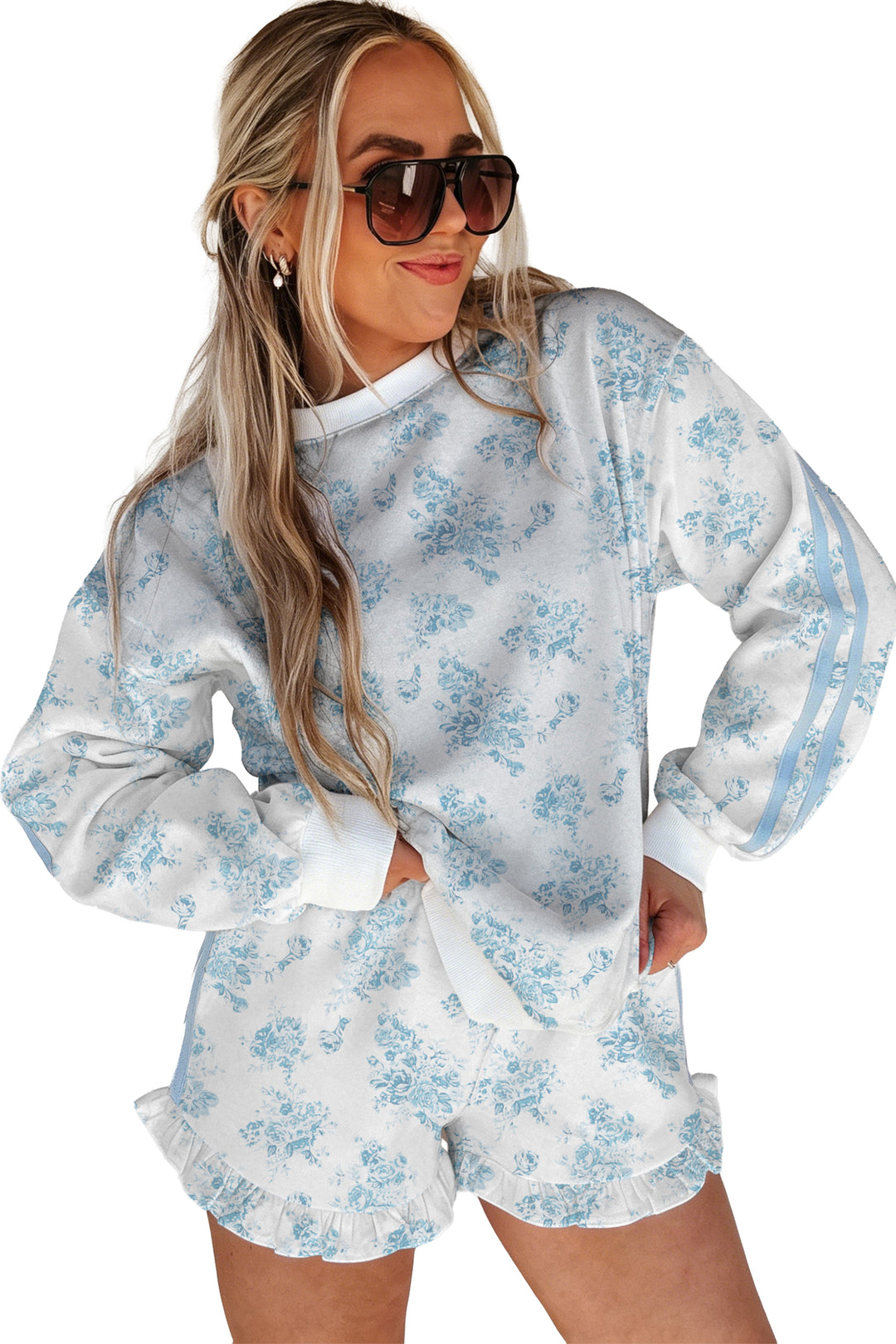 Sky Blue Floral Print Long Sleeve Top Ruffle Hem Shorts 2pcs Set