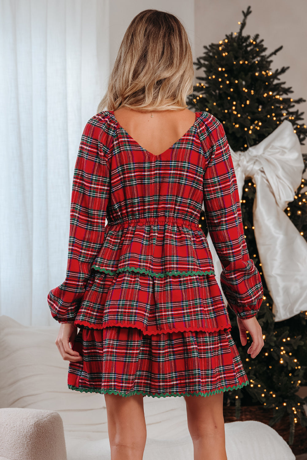 Plaid Print Ricrac Tiered Bubble Sleeve Mini Dress