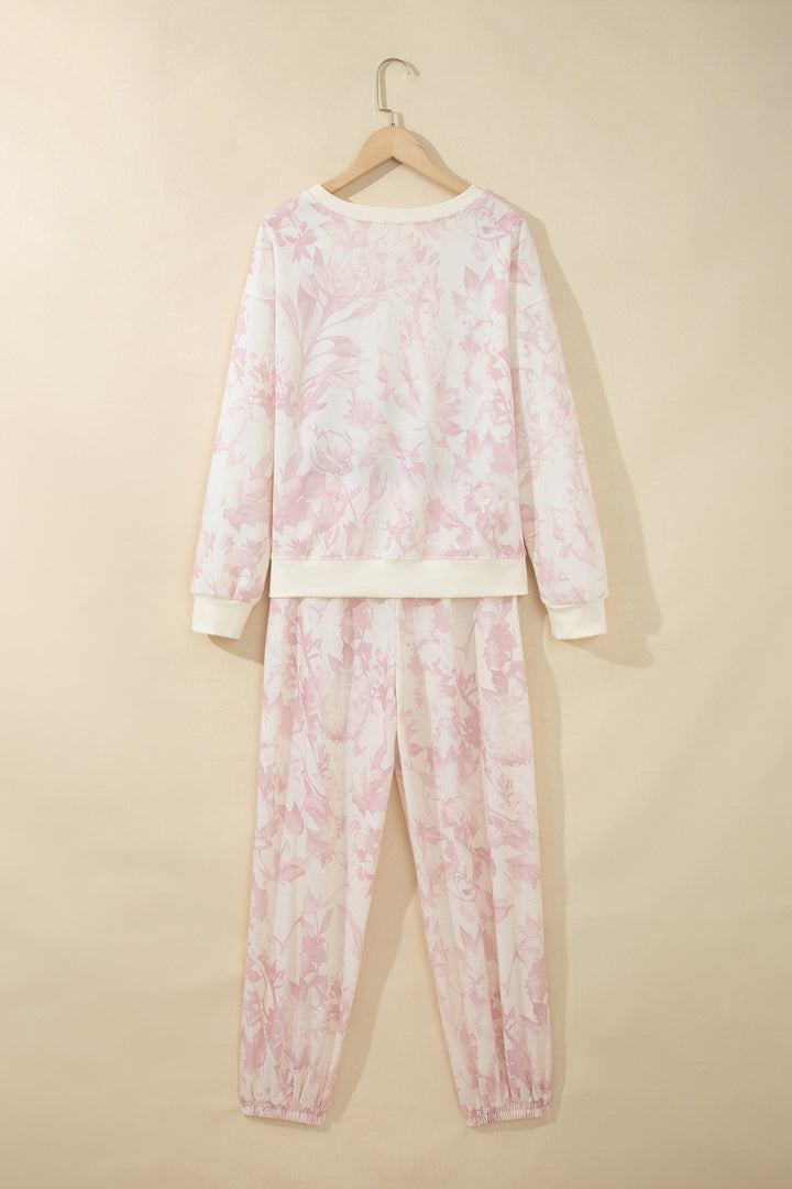 Pink Abstract Print Drop Shoulder Drawstring Waist Drawstring Hem Pant Set