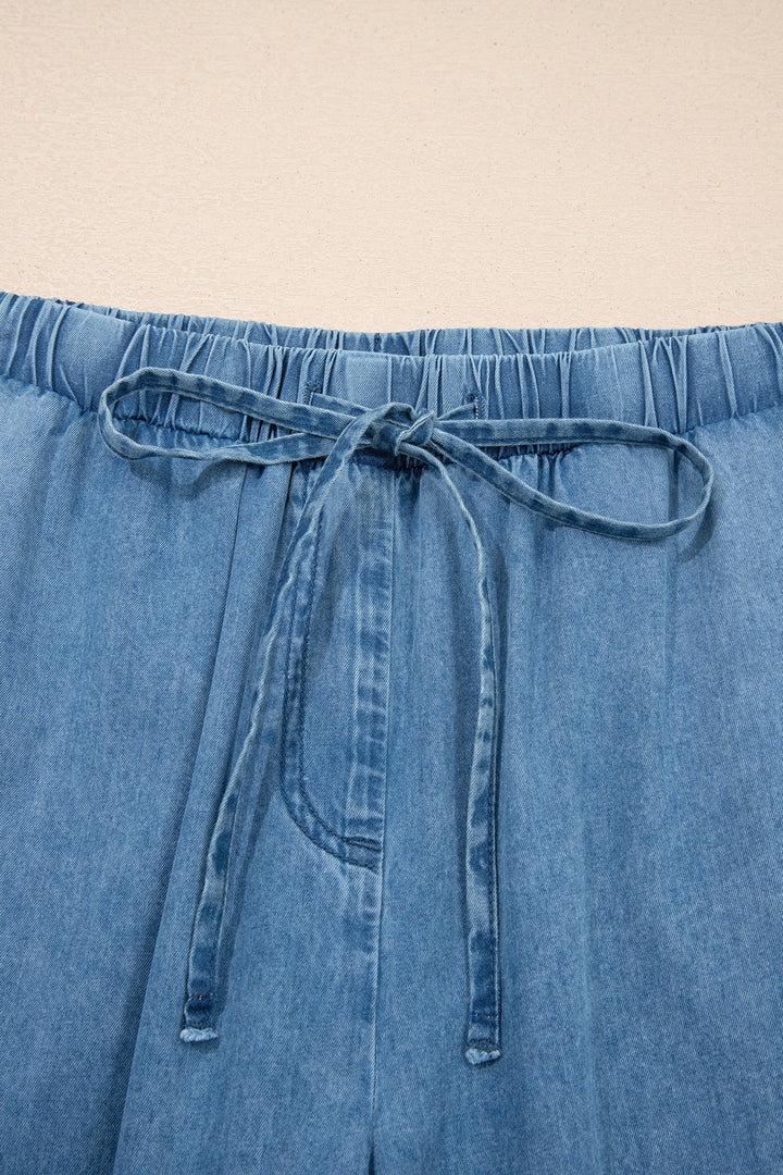 Dusk Blue Ruffled Hem Wide Leg Chambray Pants