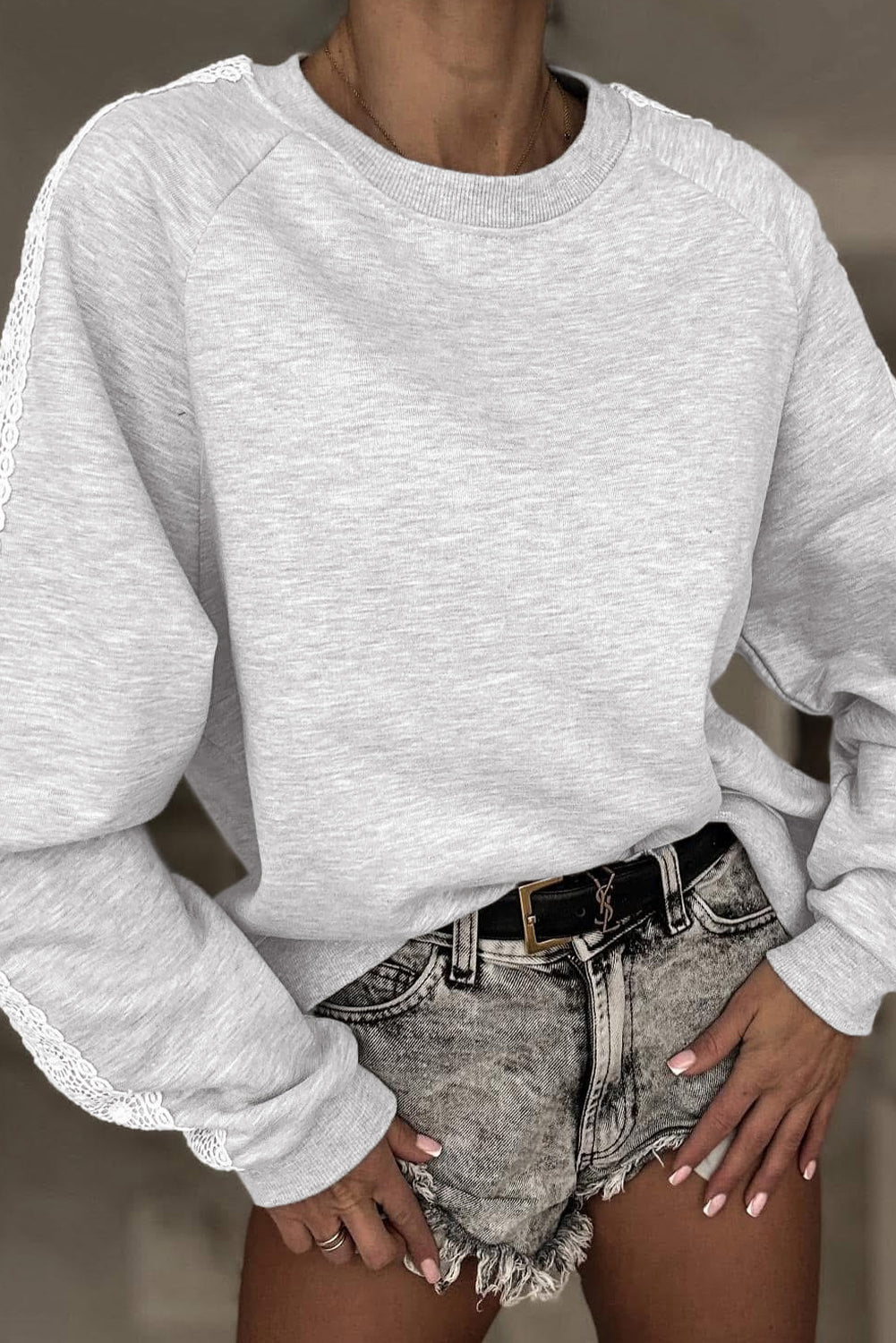 Lace Patchwork Raglan Sleeve Crew Neck Sweatshirt