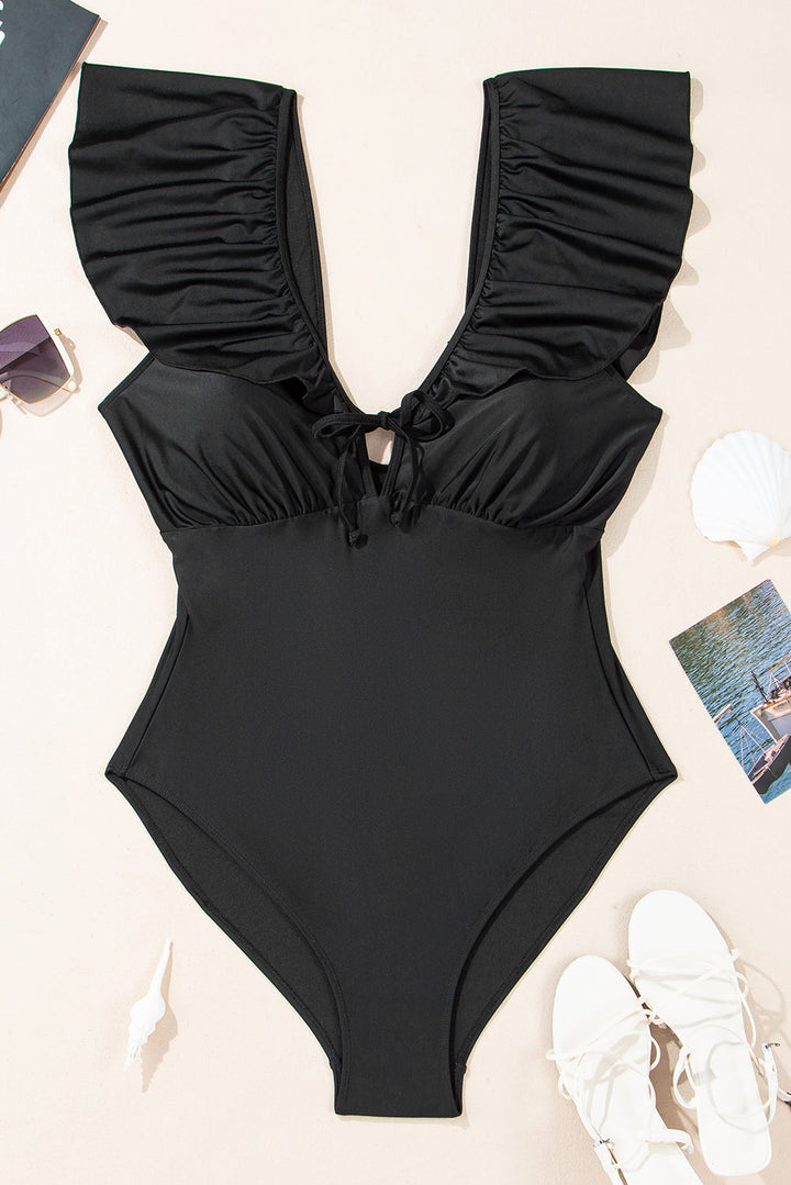 Ruffled Sleeve Lace-up V Neck Plus Size One Piece Swimsuit