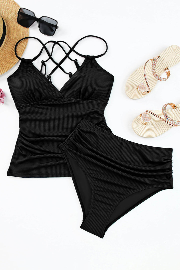 ribbed dual crisscross straps cut out back tankini suit