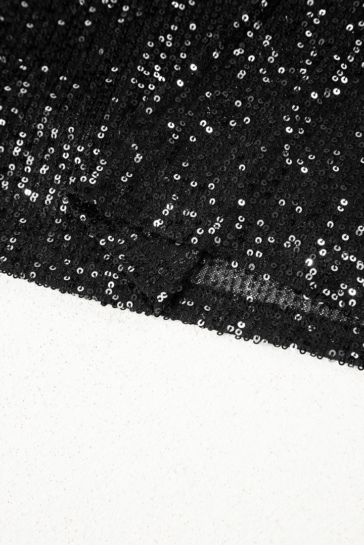 Black Sequin Mock Neck Drape Open Back Bell Sleeve Top