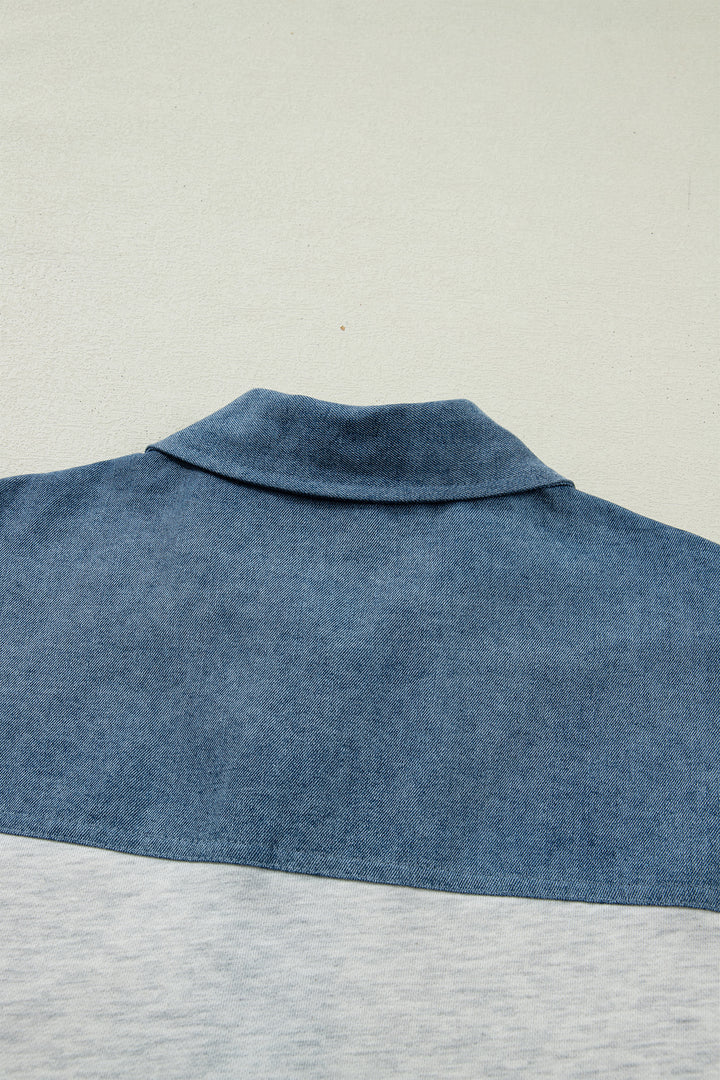 Color Block Denim Patchwork Button Polo Collar Short Sleeve Top