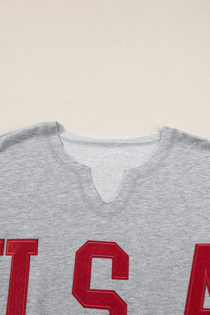 USA Lettering Patch Notched Neck Loose Tee