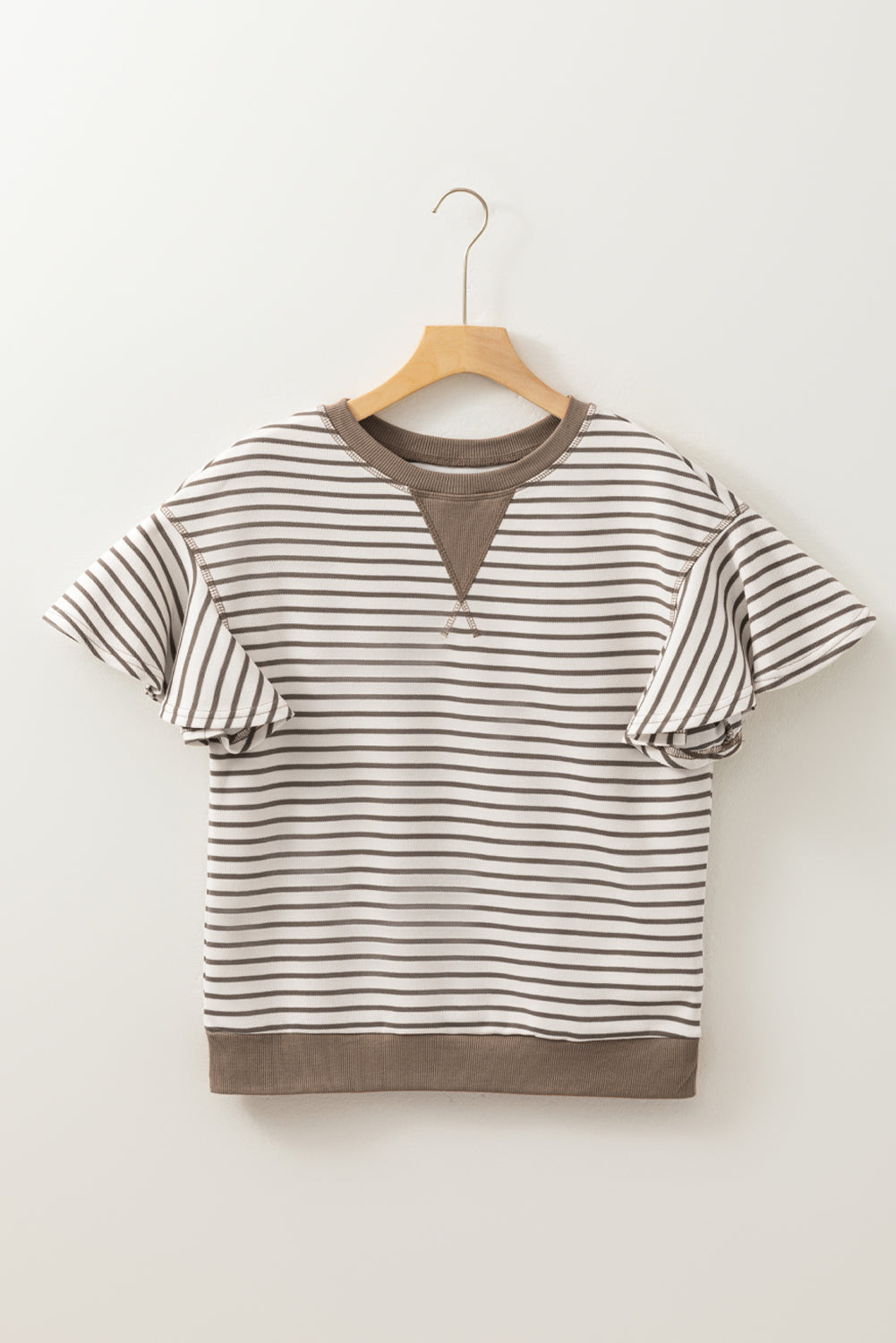 contrast detail striped ruffle short sleeve top