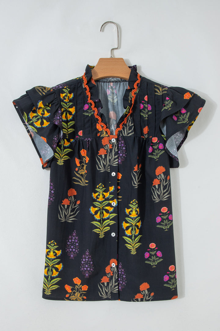 Floral Print Lace Trim Frilled V Neck Short Sleeve Shirt
