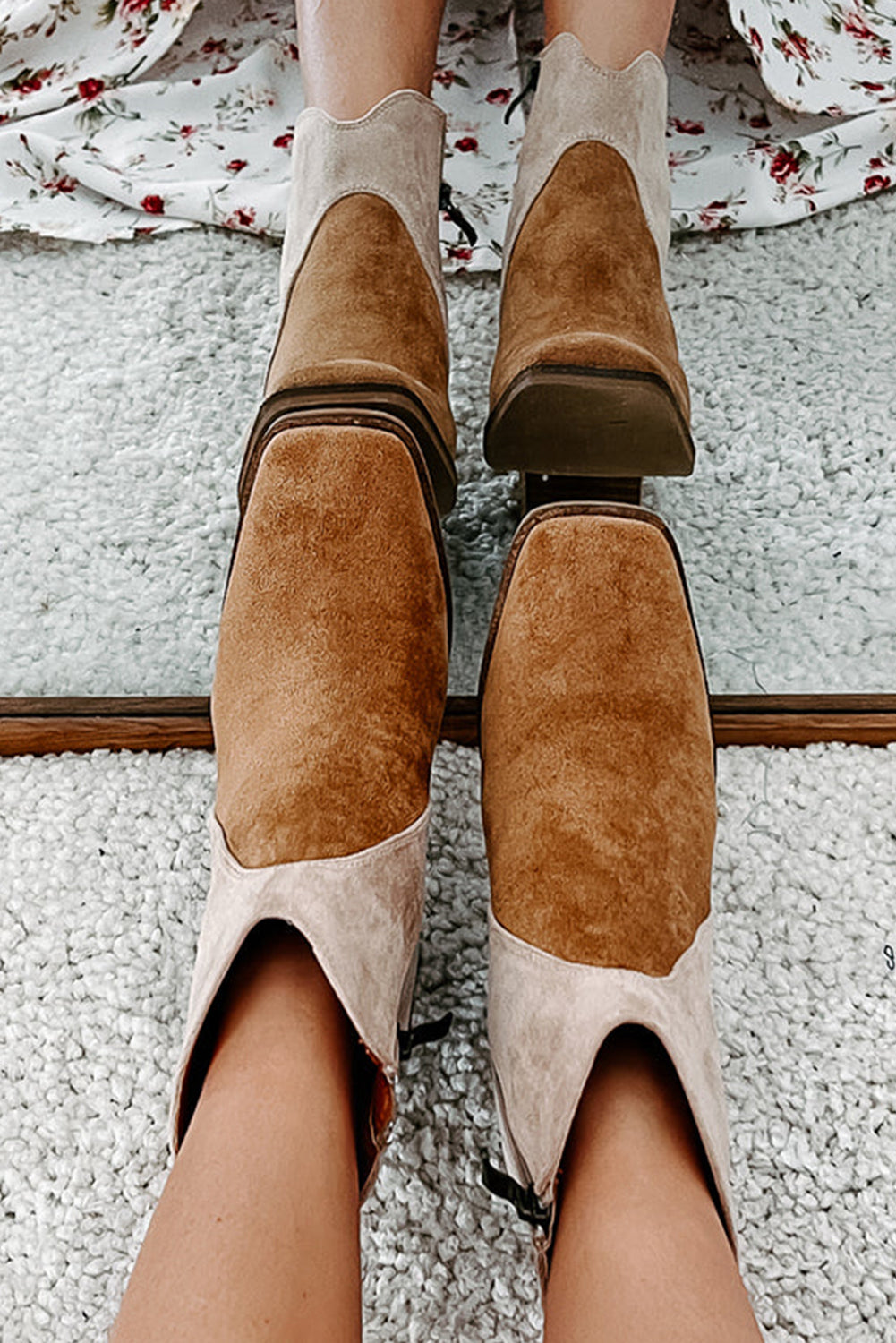 Two Tone Faux Suede Square Toe Chunky Heel Boots