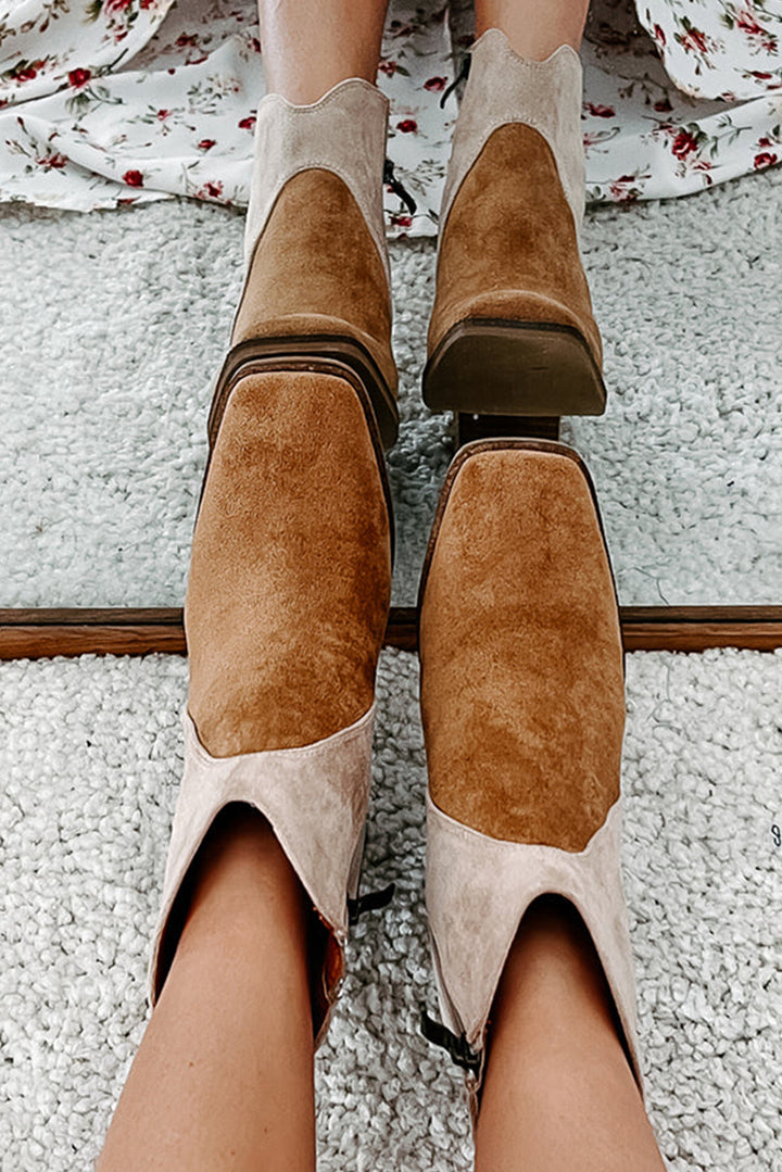 Two Tone Faux Suede Square Toe Chunky Heel Boots