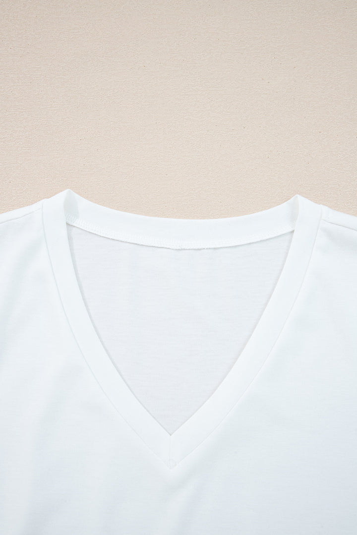 White Solid Color V Neck Long Sleeve Stretchy Top