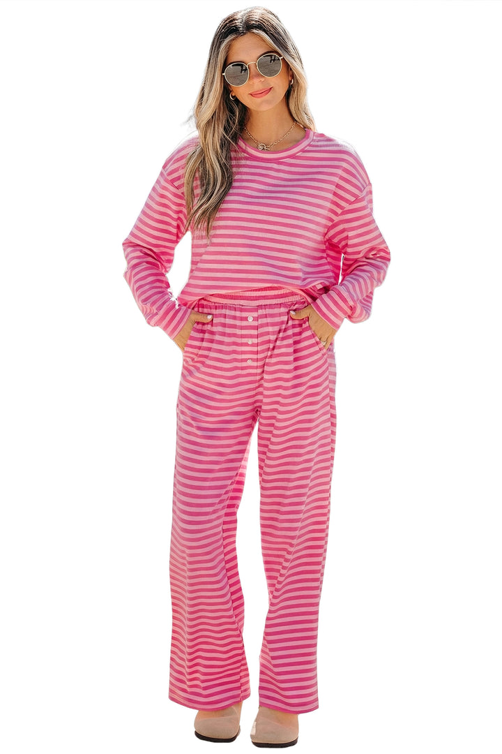 Rose Stripe Drop Shoulder Round Neck Top and Buttoned Straight Pants Two Piece Set