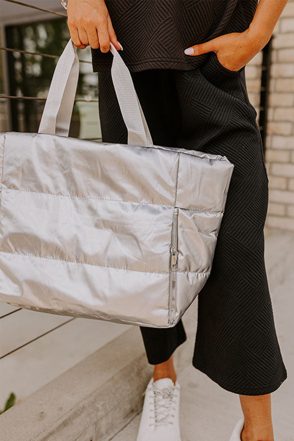 Solid Zipper Puffer Large Tote Bag