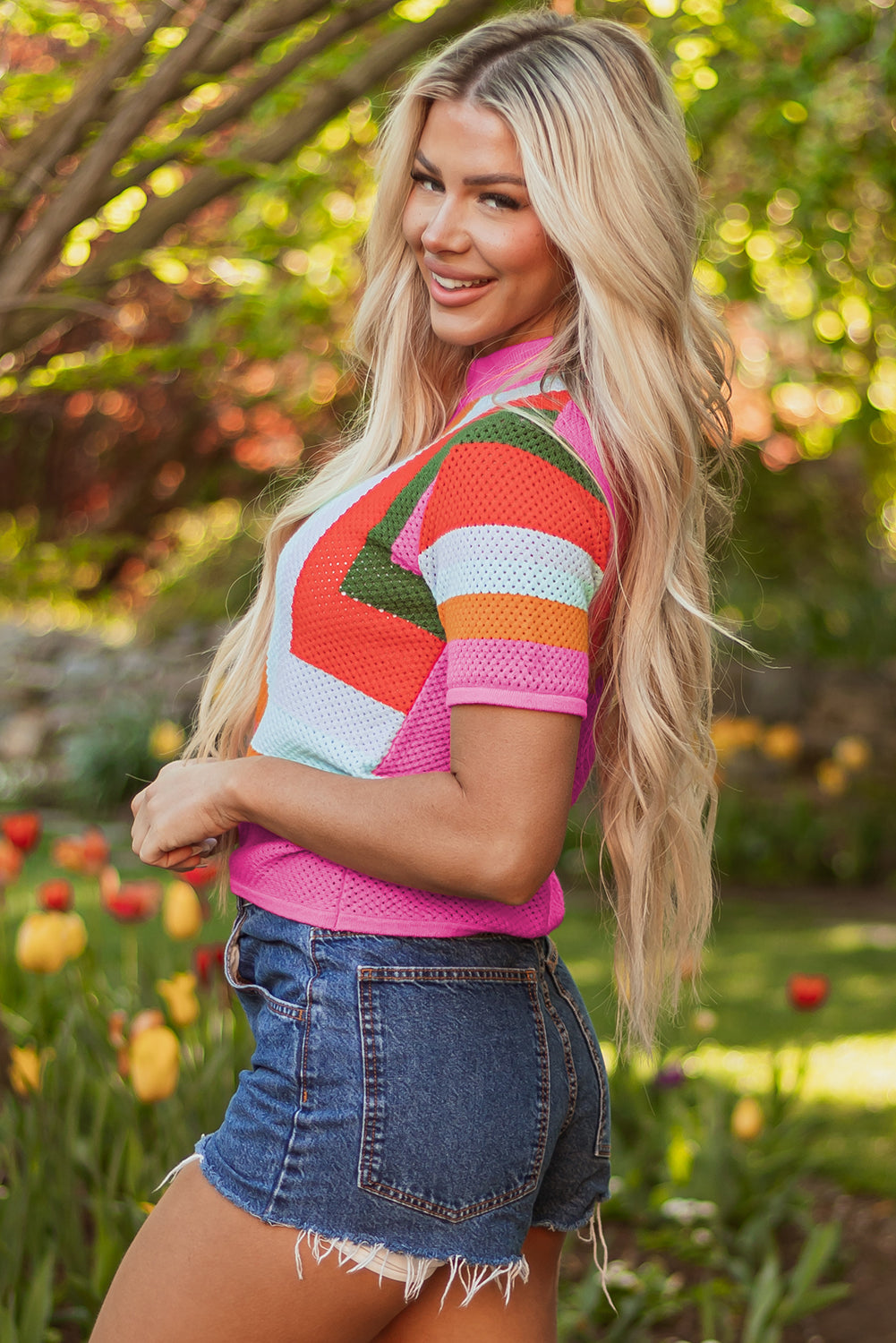 Color Block Eyelet Casual Sweater T Shirt