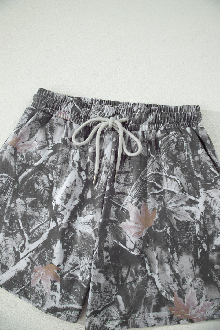 Gray Abstract Maple Leaf Printed Tie Elastic Waist Shorts