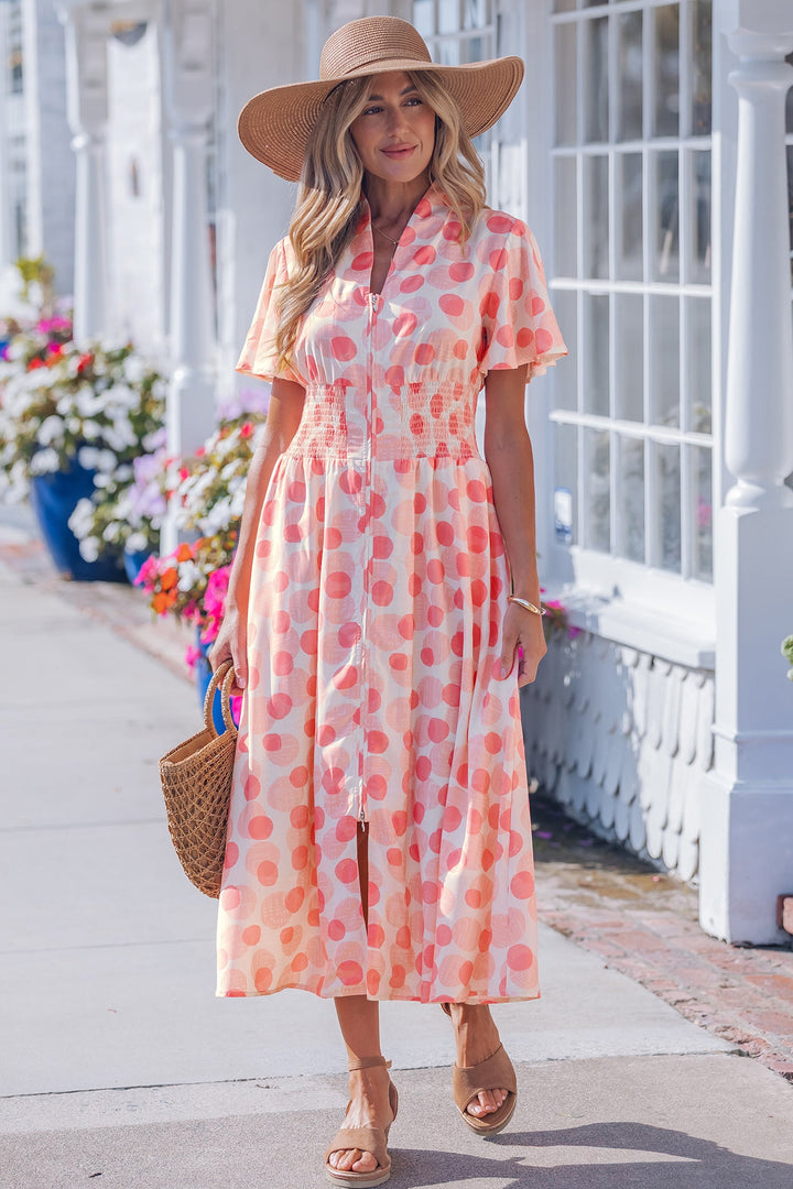Pink Polka Dot Printed Ruffle Short Sleeve Zip Up Long Dress