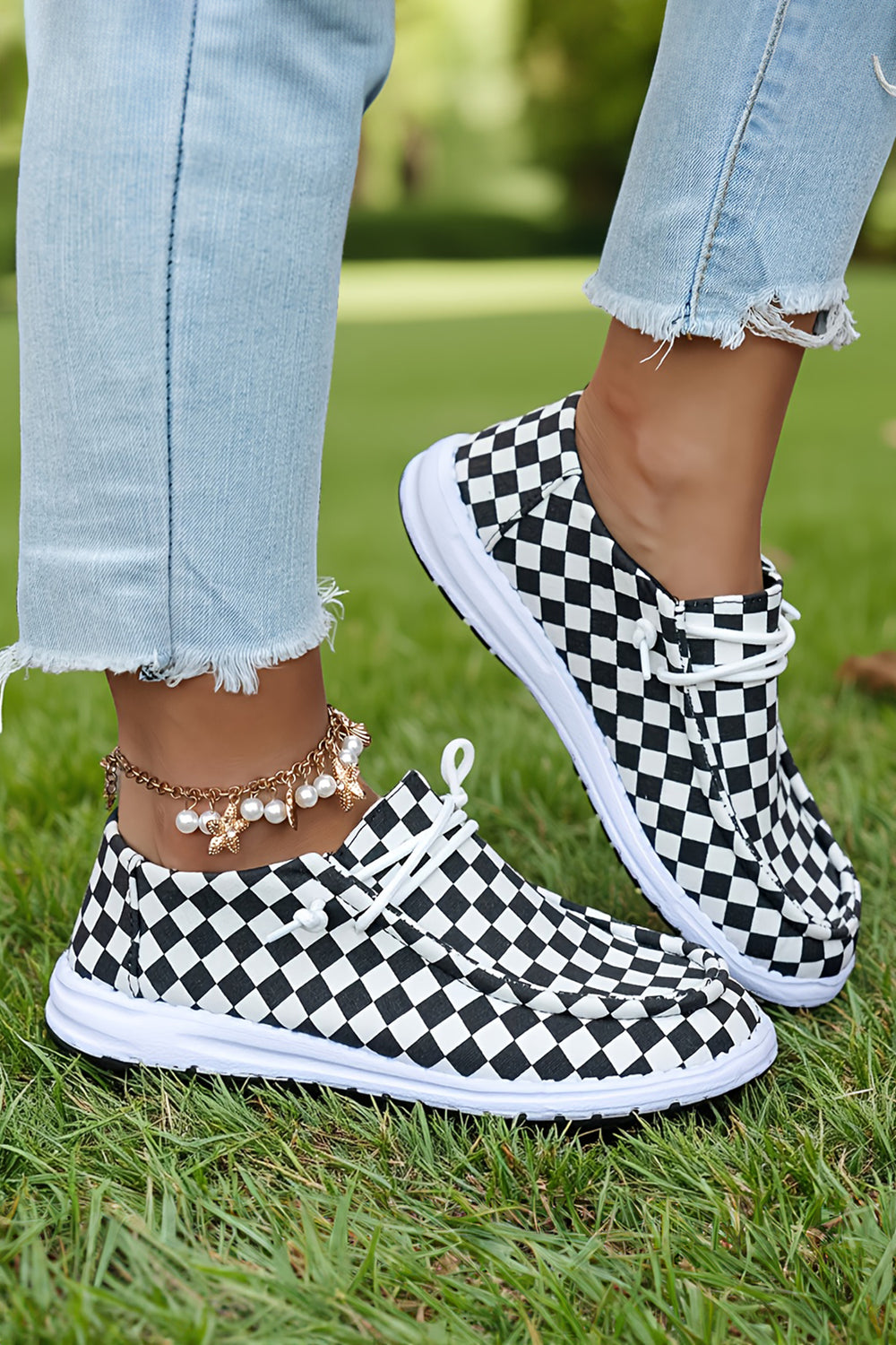Checkered Print Lace-up Detail Flat Shoes