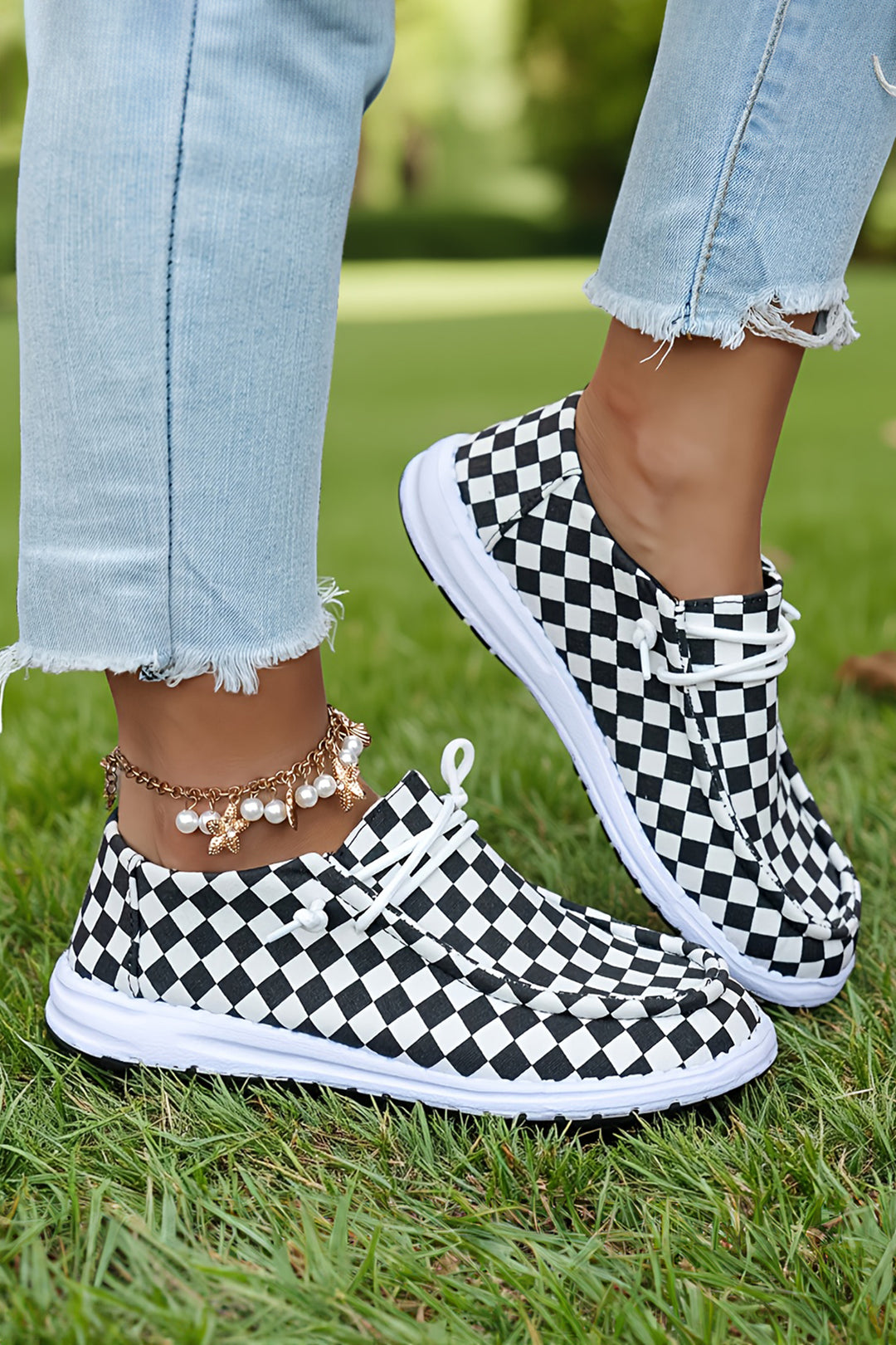 Checkered Print Lace-up Detail Flat Shoes