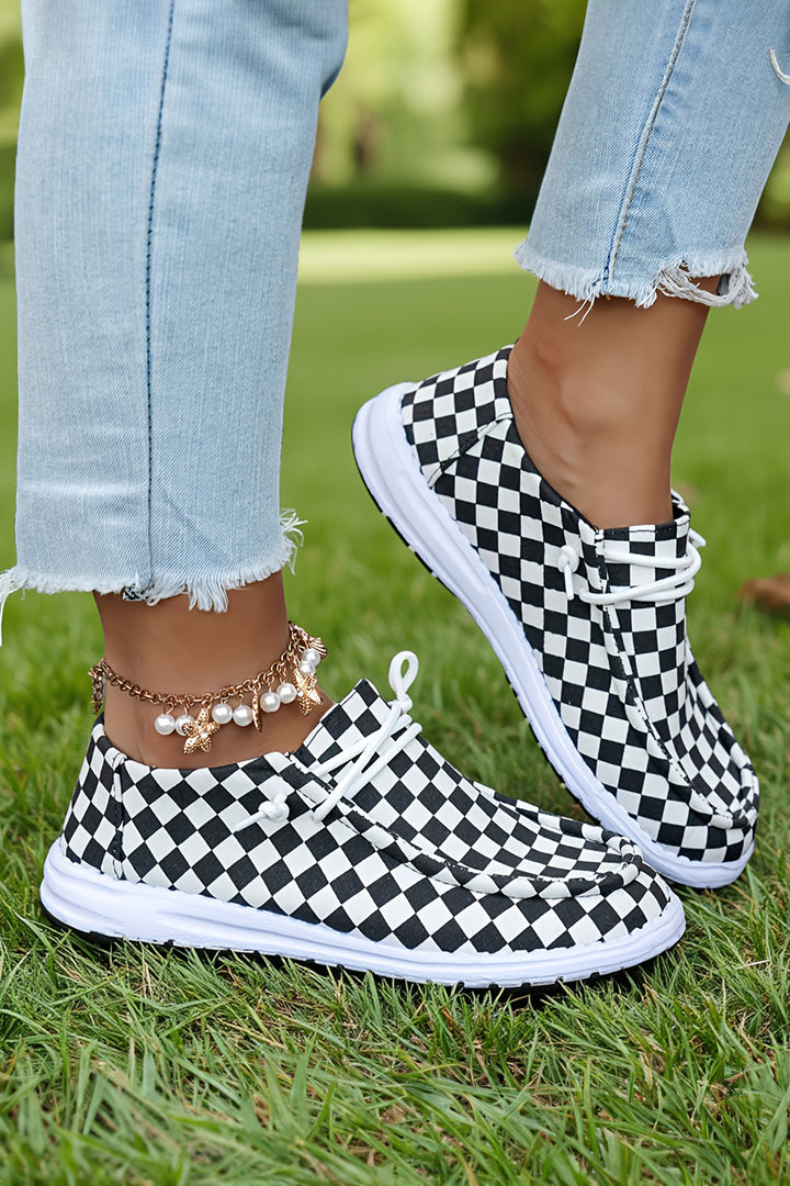 Checkered Print Lace-up Detail Flat Shoes