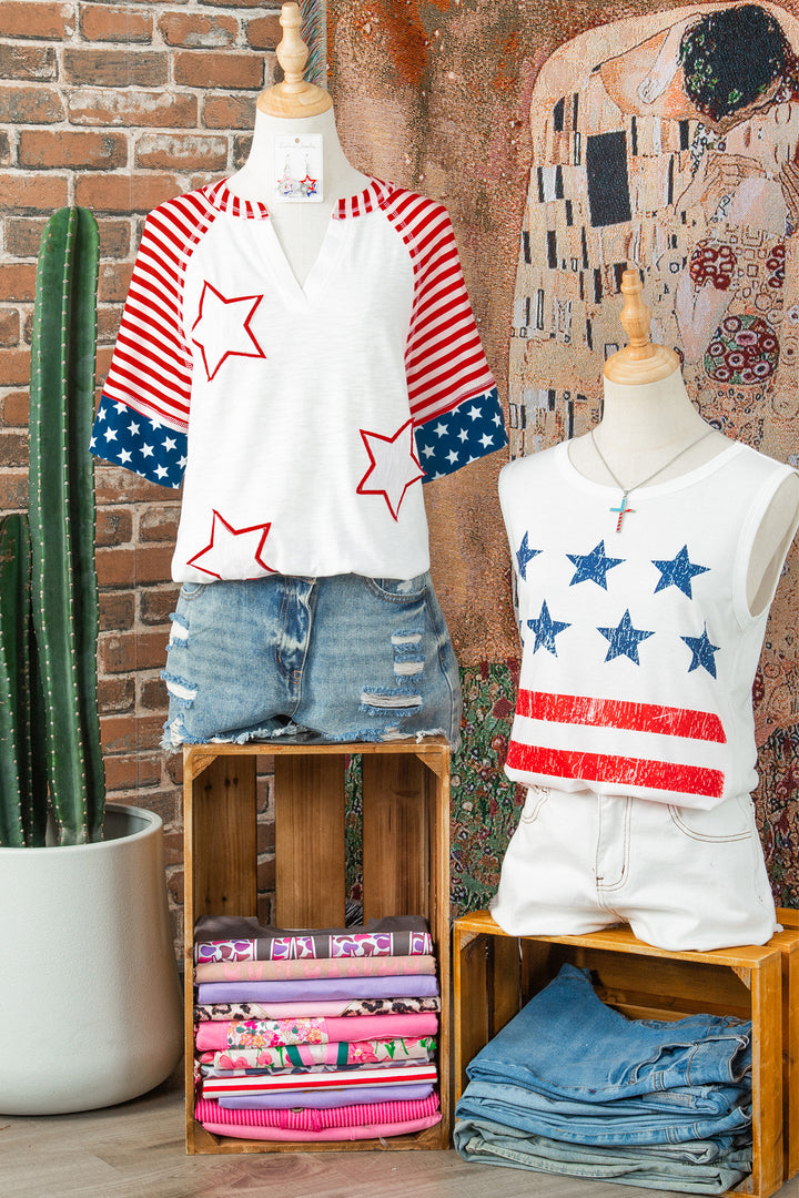 Fiery Red Star Detail Flag Inspired Short Sleeve Top