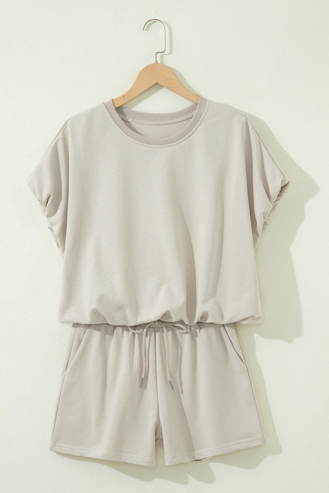 Smoke Gray Solid Color Puffy Loose Top Drawstring Shorts 2pcs Outfit