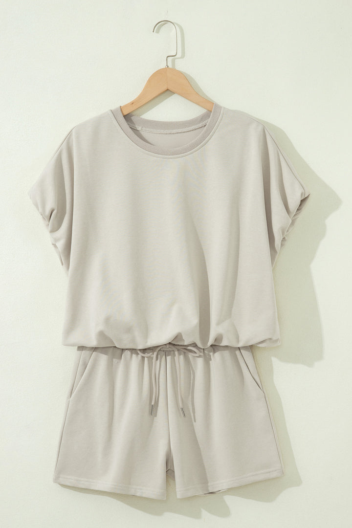 Smoke Gray Solid Color Puffy Loose Top Drawstring Shorts 2pcs Outfit