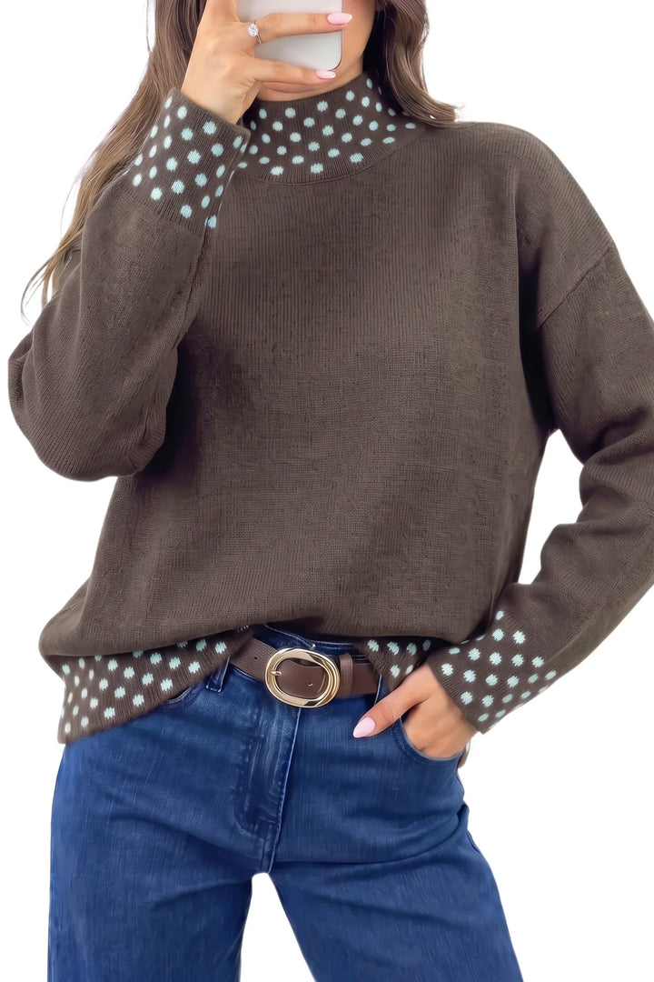 Coffee Polka Dot Contrast Mock Neck Sweater