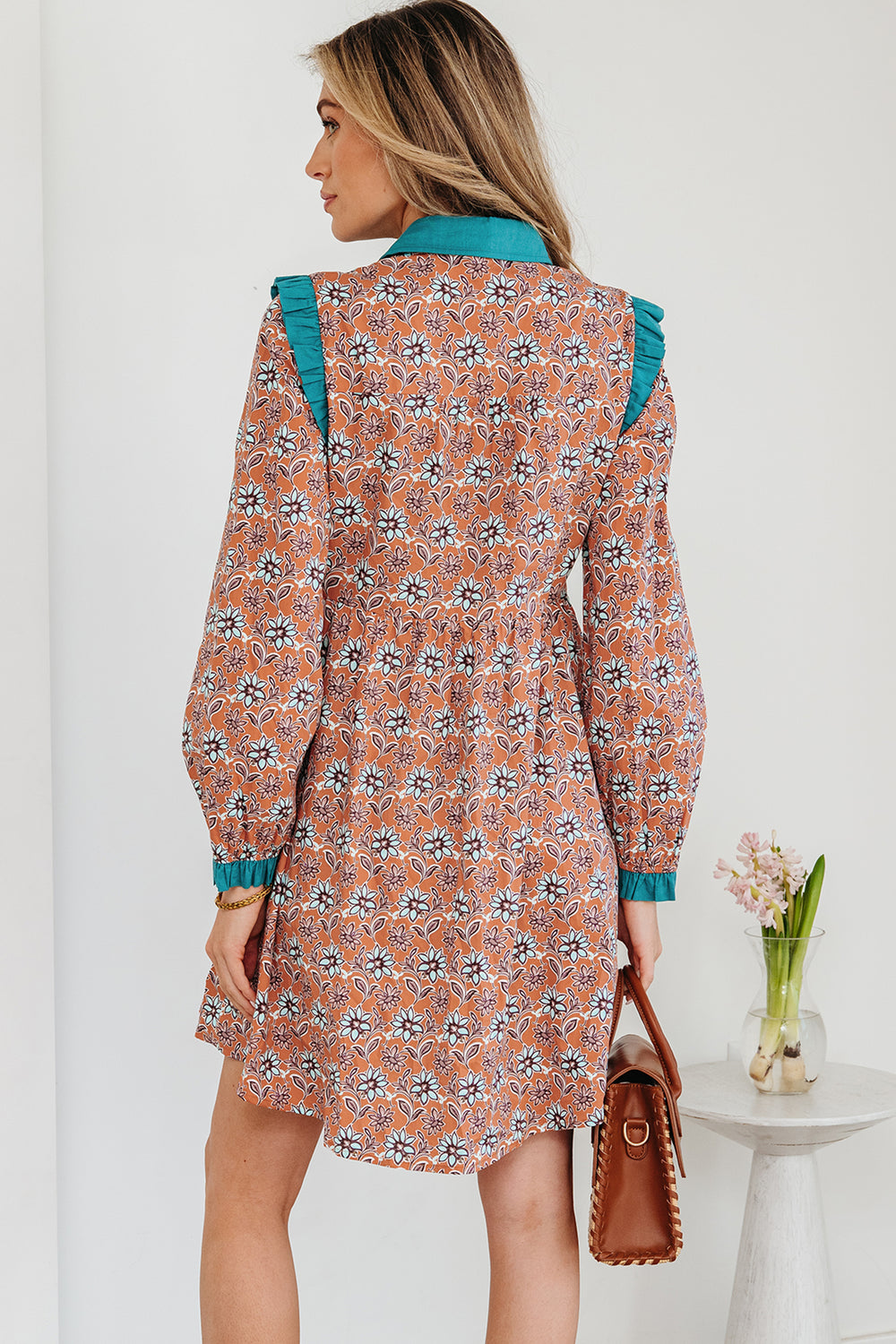 Boho Floral Contrast Collared Shirt Mini Dress