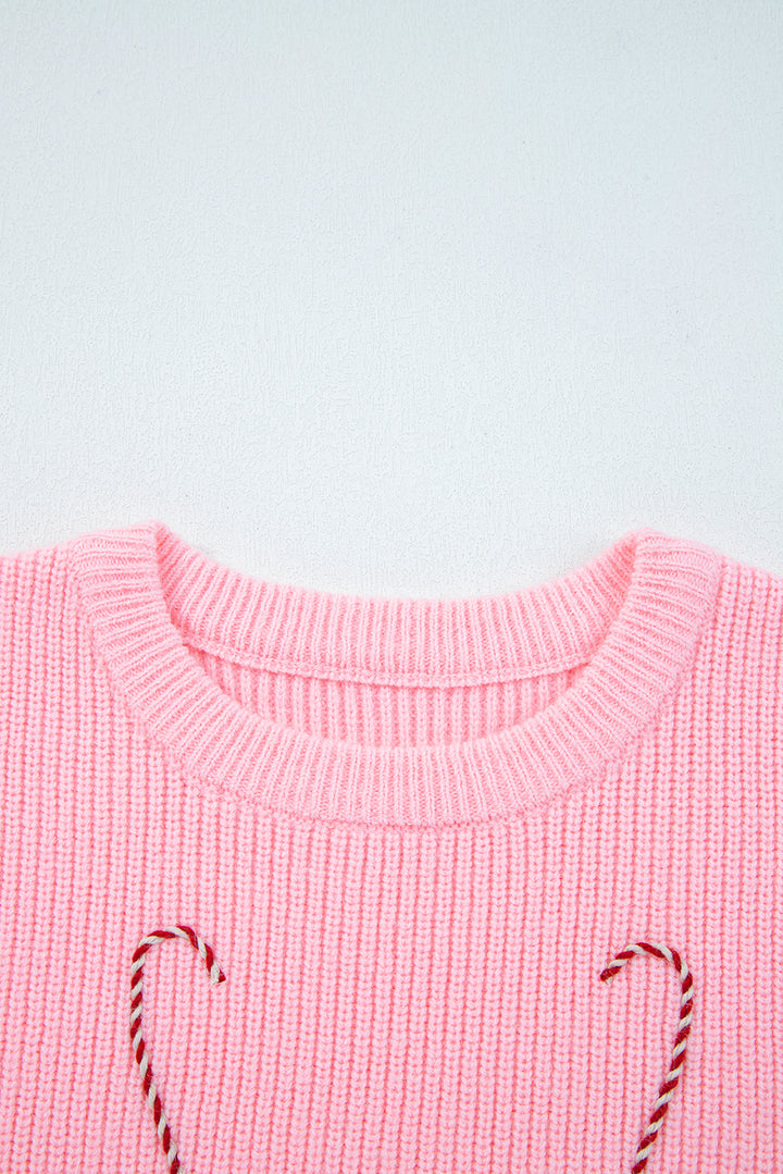 Merry Candy Cane Puffy Knit Crew Neck Sweater