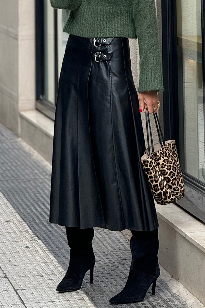 Black Faux Leather Retro Buckle Detail Pleated Stitch Flared Midi Skirt