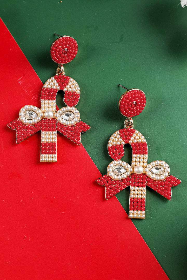 Christmas Candy Cane Pearl Beaded Dangle Earrings