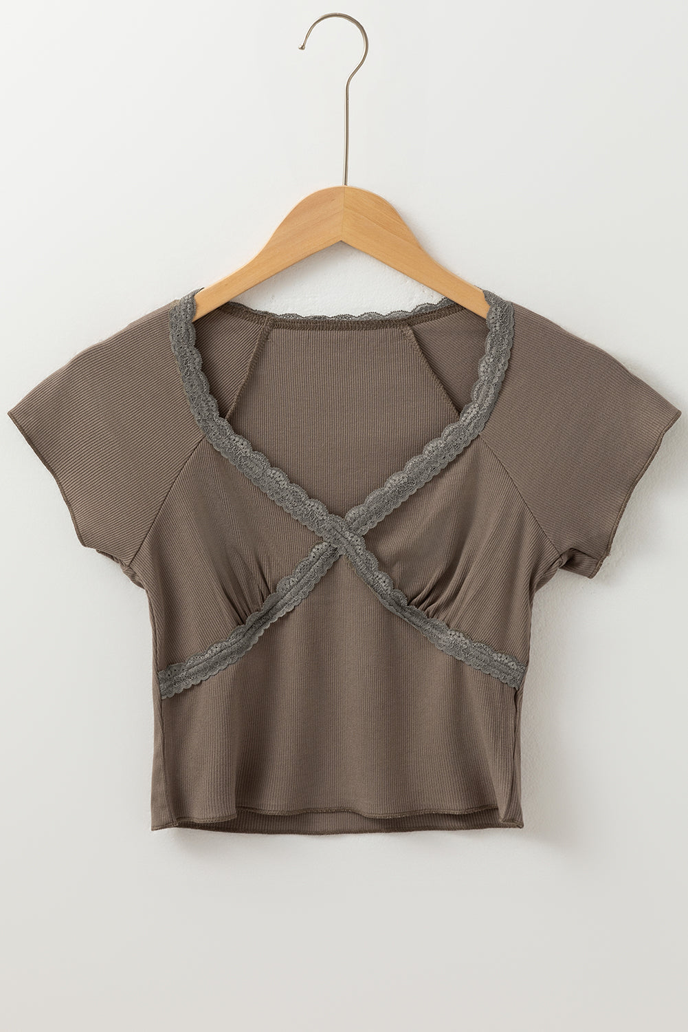 Lace Splicing Criss Cross Slim Fit V Neck T Shirt