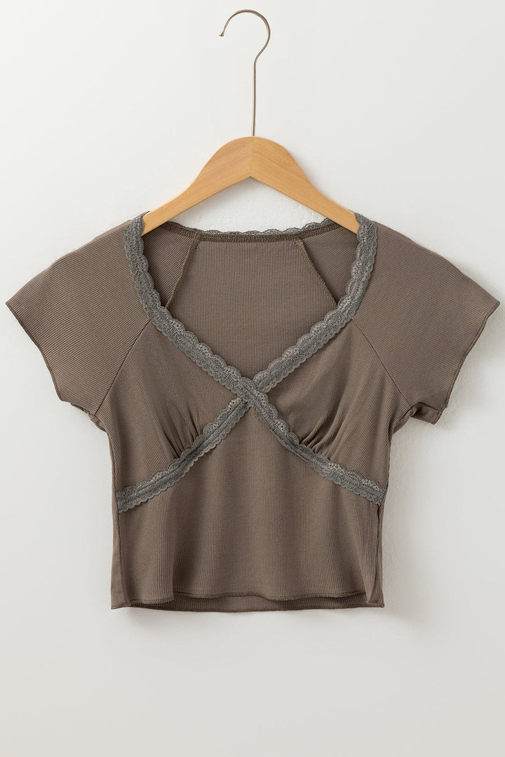 Lace Splicing Criss Cross Slim Fit V Neck T Shirt