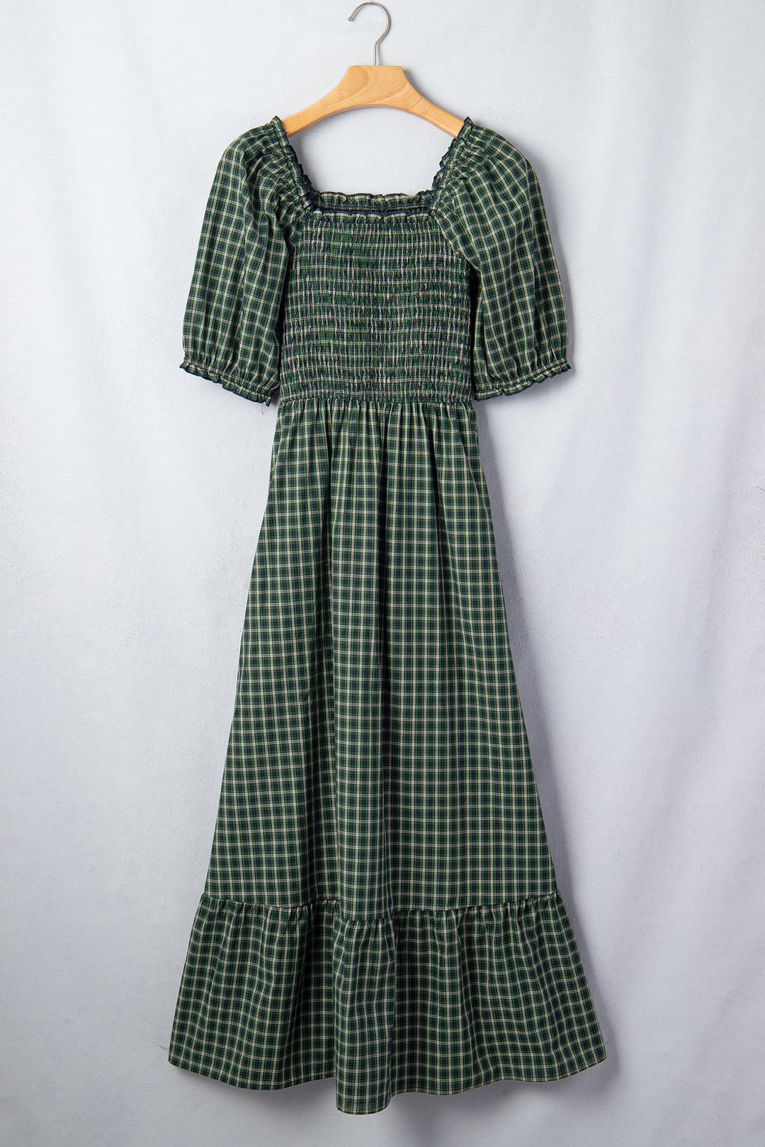 Green Plaid Square Neck Shirred High Waist Ruffle Hem Long Dress