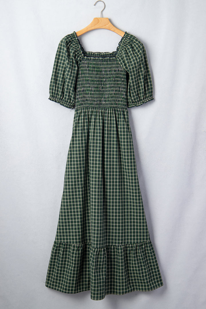 Green Plaid Square Neck Shirred High Waist Ruffle Hem Long Dress