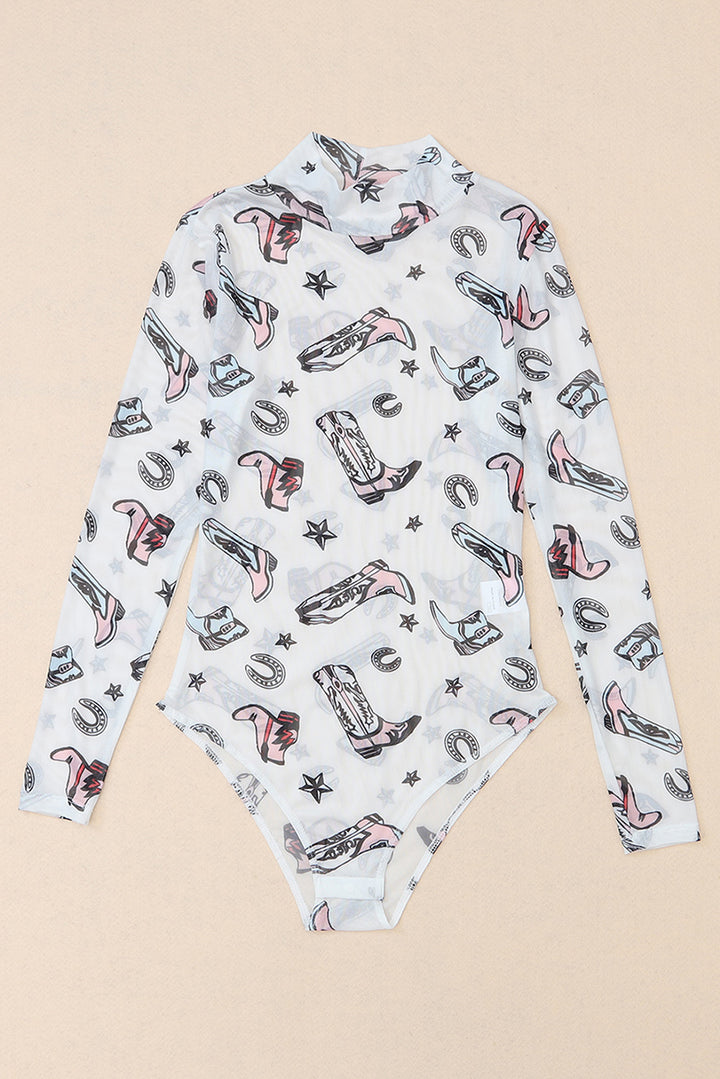 White Rodeo Bound Printed Long Sleeve Bodysuit