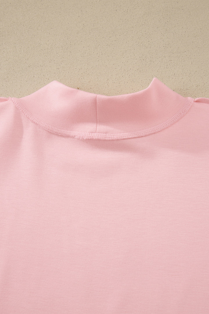Light Pink Solid Color Exposed Seam Mock Neck Oversize Tee Casual Shorts 2pcs Outfit