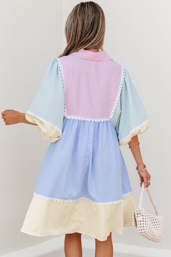 striped patchwork ric rac puff sleeve collared mini dress